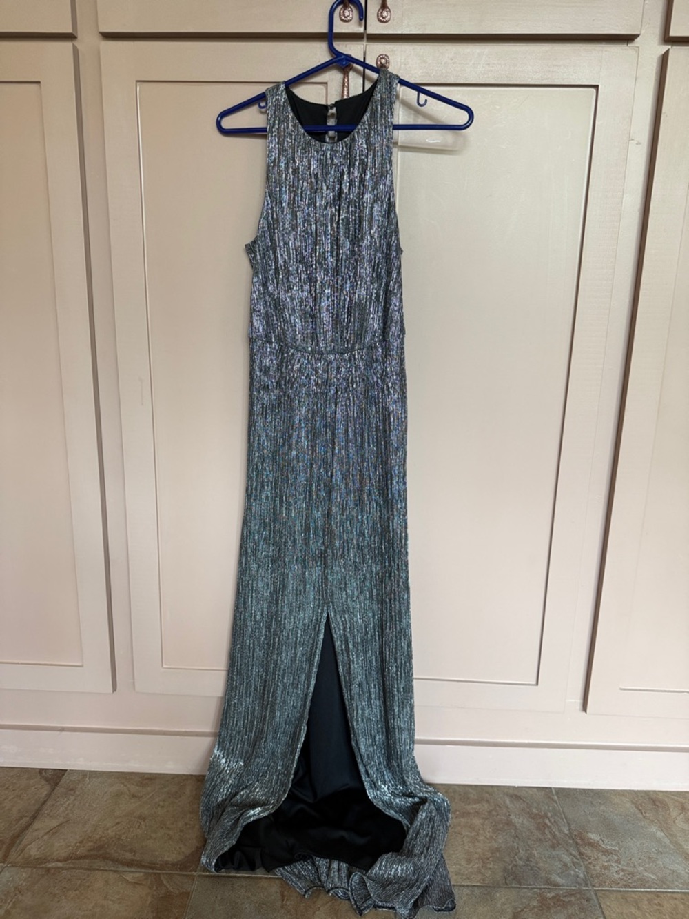 Metallic Pleated Wide-Leg Formal Dress - Silver